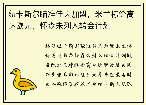 纽卡斯尔瞄准佳夫加盟，米兰标价高达欧元，怀森未列入转会计划