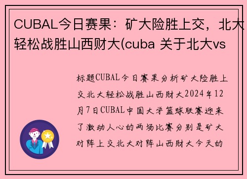 CUBAL今日赛果：矿大险胜上交，北大轻松战胜山西财大(cuba 关于北大vs矿大 声明)