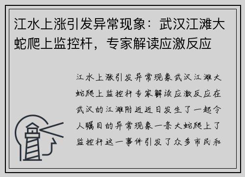 江水上涨引发异常现象:武汉江滩大蛇爬上监控杆,专家解读应激反应 江水上涨引发异常现象:武汉江滩大蛇爬上监控杆,专家解读应激反应