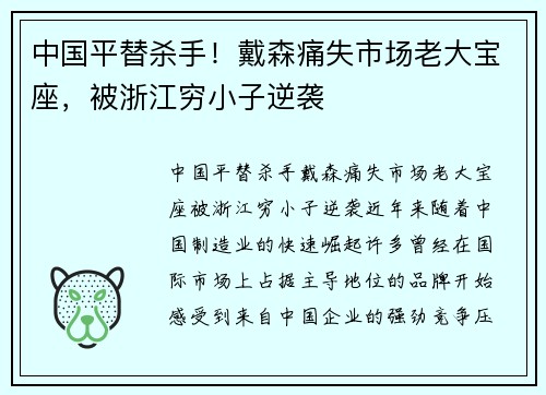 中国平替杀手！戴森痛失市场老大宝座，被浙江穷小子逆袭