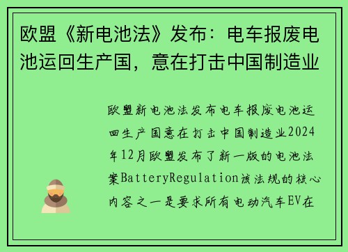 欧盟《新电池法》发布：电车报废电池运回生产国，意在打击中国制造业？