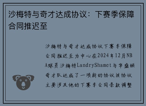 沙梅特与奇才达成协议：下赛季保障合同推迟至