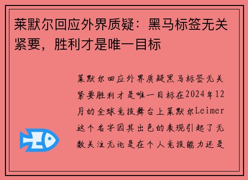 莱默尔回应外界质疑：黑马标签无关紧要，胜利才是唯一目标